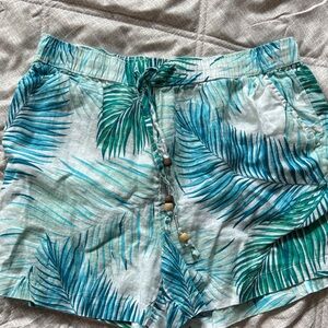 Tahari Blue & Green Palm-Print Drawstring Women's Shorts